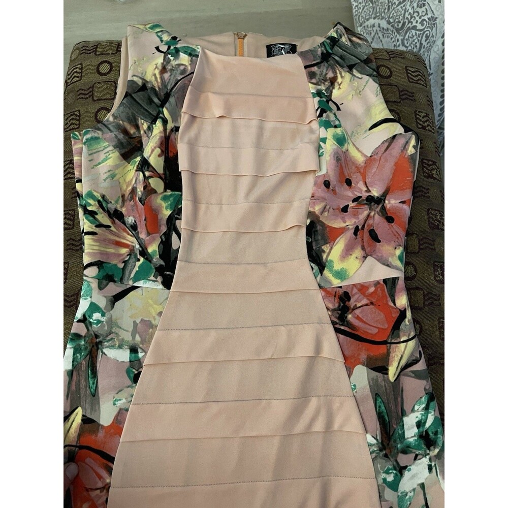 JAX Women’s Size 4 Pink Floral Pencil Dress Scoop Neck Ruffle Zip Knee Length